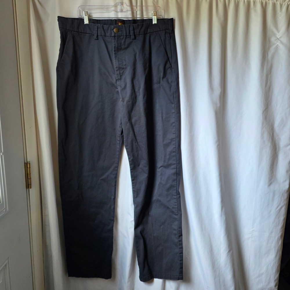 Lee Mens Chino Pants 38x34 Charcoal Gray Flat Front Straight Leg Twill Trousers